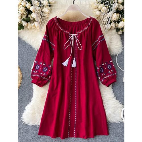 Bohemian Embroidery Mini Dress Autumn Round Neck Drawstring Puff Long Sleeve Loose Vestidos Red/White Dresses New 2020