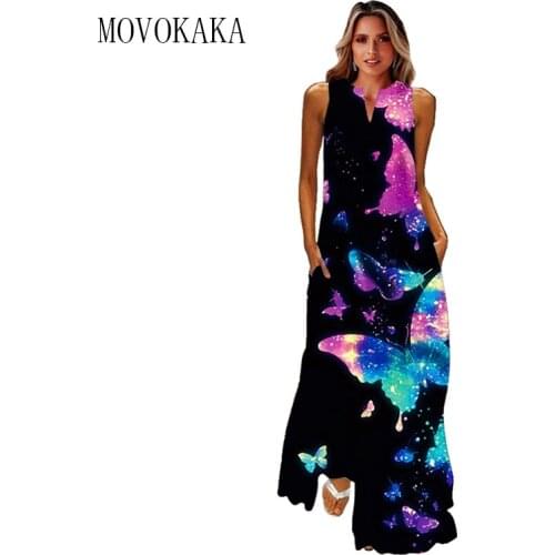 MOVOKAKA Butterfly Print Black Dress 2021 Summer Beach Casual Plus Size Dresses Woman Elegant Sleeveless Girls Long Dress Women