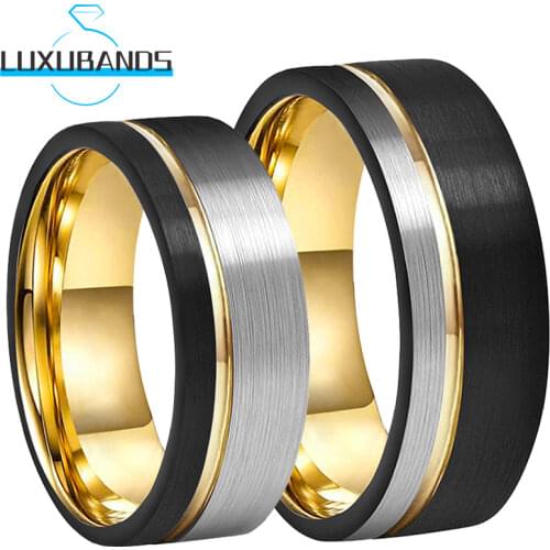 Tungsten Wedding Ring For Men Wemen 8MM Gold Offset Black Brushed Finished Comfort Fit