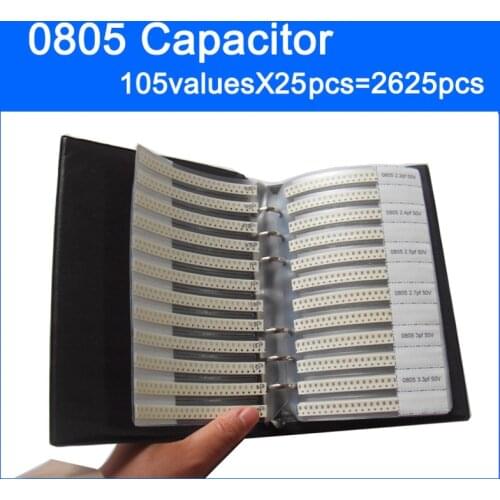 New 0805 SMD Capacitor Sample Book 105valuesX25pcs=2625pcs 0.5PF~10UF Capacitor Assortment Kit Pack