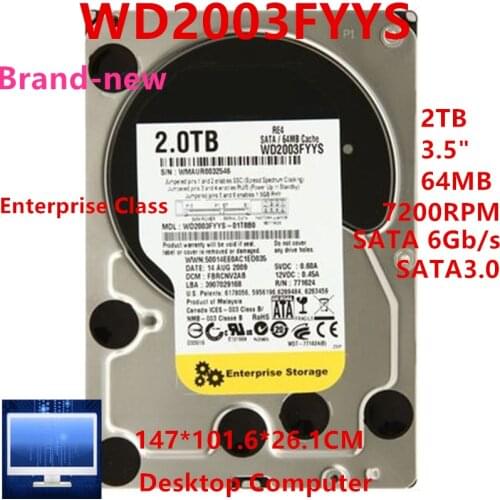 New HDD For WD Brand Black 2TB 3.5" SATA 6 Gb/s 64MB 7200RPM For Internal Hard Disk For Enterprise Storage For WD2003FYYS