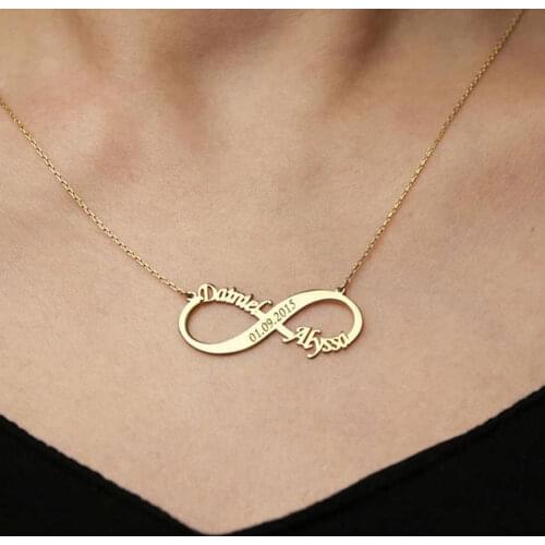 Mumuxing Personalized Custom 2 Name Infinite Symbol Stainless Steel Necklace Engraving Date Couple Necklace Valentines Day Gift
