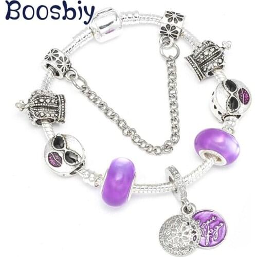 Boosbiy Silver Plated Charm Fine Bracelet With Enamel Purple Love Pattern Pendant for Cool Girl Fashion Summer Jewelry Gift