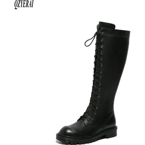 QZYERAI New winter style Knee high boots Genuine leather Women boots warm Motorcycle boots black snow boots cowhide Women shoes
