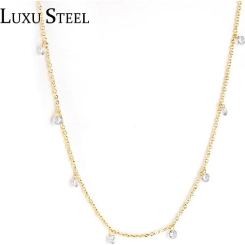 LUXUSTEEL Gold Color Round CZ Pendant Necklace Collars Jewelry Stainless Steel Link Chains Necklaces Wedding Accessories