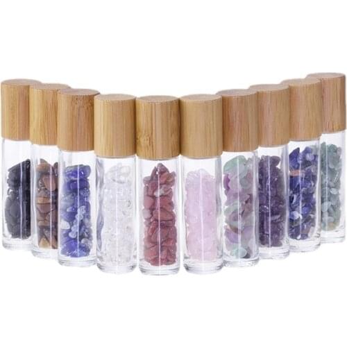 10ml Natural Gemstone Glass Roller Bottles Essential Oil Jade Roller Bottles Bamboo Cover 10pcs/lot P224