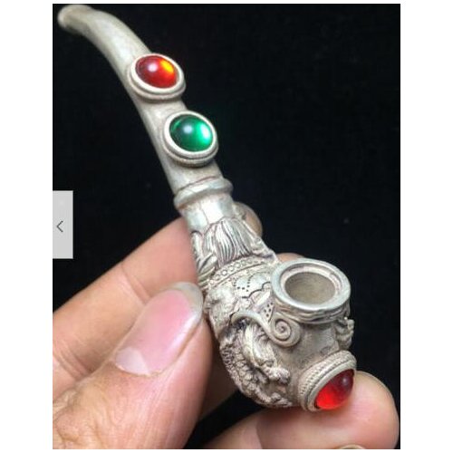 Tibetan Silver copper Dragon Head pipe Smoking Tool Statue Sacred Tobacco rod