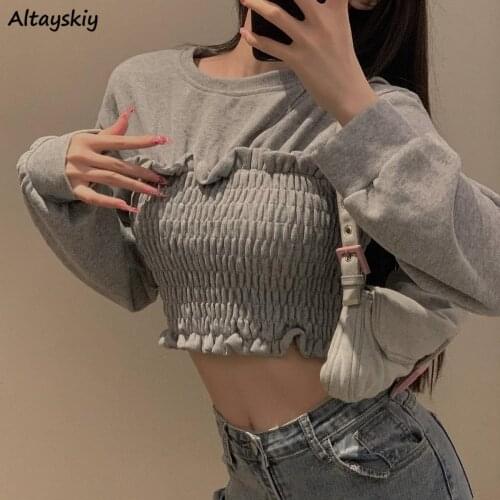 Cropped Hoodies Women Slim Sexy High Street Korean Style Casual All-match Patchwork Long Sleeve O-neck Fashio Feminine Chic Soft