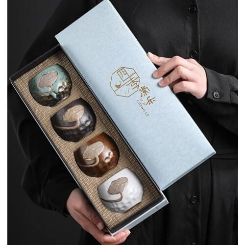 Four Seasons Cup Lotus embossed tea cup retro stoneware kiln change single cup 4 cups large tea cup master