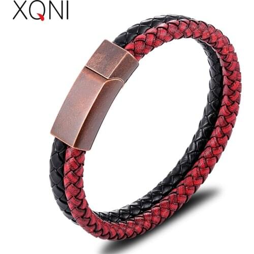 XQNI Popular Mens Leather Bracelet Vintage Rose Gold Color Combination Stitching Leather Pop Birthday Gift Promotional Price