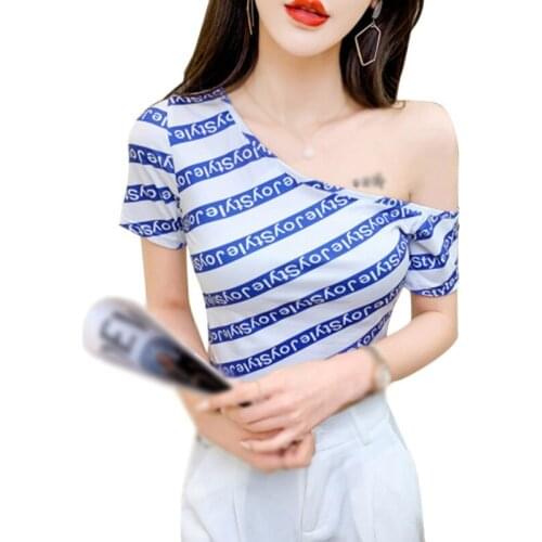 Womens Letter Print Skew Collar T-Shirt Sexy Tee Streetwear Exposure Navel Short Sleeve Crop Tops