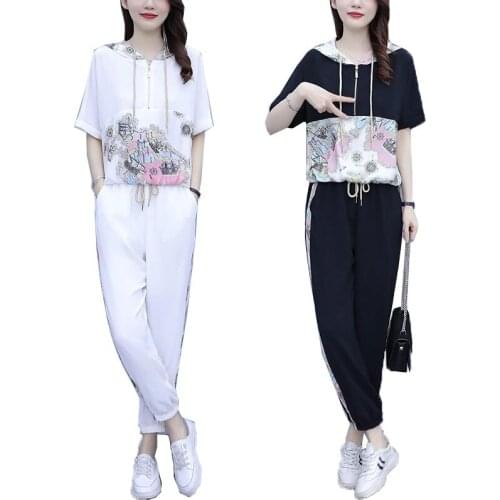 Women Summer Two Piece Set Female Sports Two-Piece Suit 2021 New Hooded Short-Sleeved Pants 2PCS Loose Plus Size Outfit 4XLD