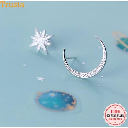 Trustdavis Asymmetry Dazzling CZ Moon Star Stud Earring For Women Party Punk Accessories Fine Sterling Silver Jewelry Gift DA562