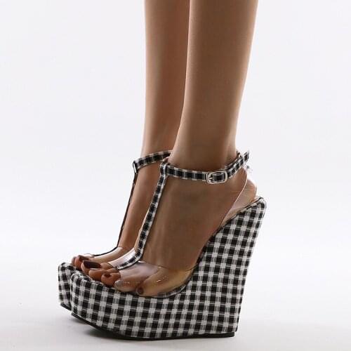 Super High Heels Sexy Party Shoes Fashion Gingham Thick Bottom Wedges Women Sandals Transparent PVC Ankle Strap Lady Shoes 2021