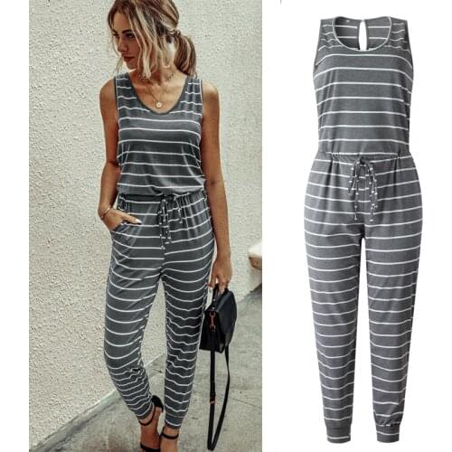 Casual Stripe Print Jumpsuits Women 2021 Summer O Neck Sleeveless Belt Slim Overalls Lace Up Pocket Playsuits Female Long Romper