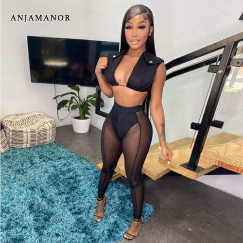 ANJAMANOR Sexy 2 Piece Set Black Crop Top and See Through Pants Mesh Leggings 2021 Fashion Clubwear Bodycon Outfits D87-DE31