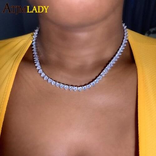 2021 New Iced Out Bling 5A CZ Heart Necklace Silver Color CZ Paved 6mm Hearts Tennis Link Chain Choker For Women Fashion Jewelry
