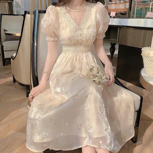 Summer Women Elegant Fairy Party Dress Sweet Embroidery Lace Patchwork Puff Sleeve High Waist French Vintage Party Dress Female