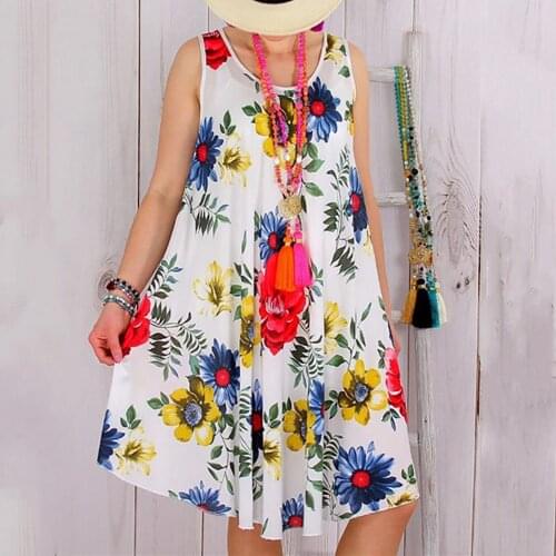Womens Dress Retro Bohemian Floral Print Sleeveless O-neck Loose Knee-Length Vest Dresses Plus Size Casual Beach Dress Vestidos