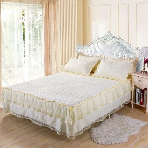 Beige Lace Bedspread Bed sheet Pillow cases Princess Wedding Bedding Bed Skirt Fitted Sheet Solid Color Mattress Cover For Girls