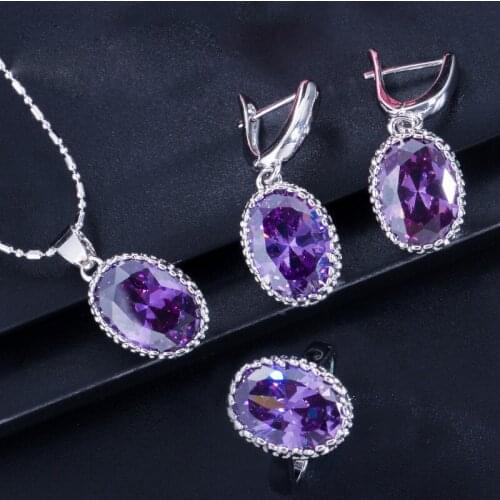 Hot Sale Aquamarine Amethyst Gemstone Necklace/Earrings/Ring Jewlery Sets for Women Silver Color Party Jewelry Gifts