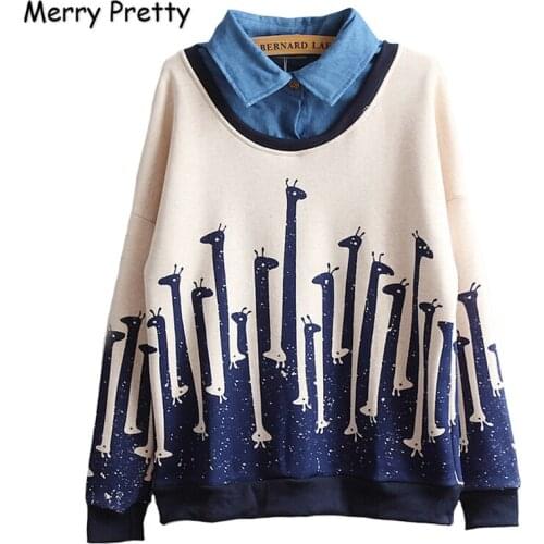 XUANHAO Women Cartoon Print Hoodies 2020 Autumn Long Sleeve Turndown Collar Navy Pullover For Femme Plus Velvet Sweatshirts