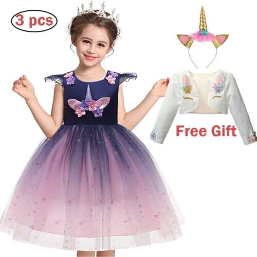 New Baby Girls Unicorn Rainbow Dress Summer Lcuky Girl Birthday Party Princess Dress Halloween Cosplay Perform Children Costume