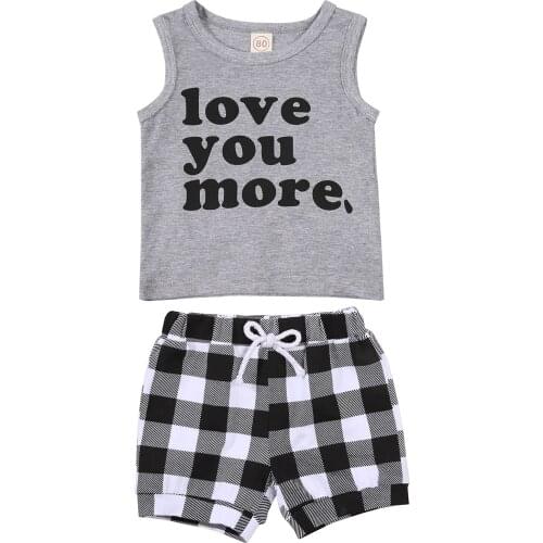 Newborn 2Pcs Fashionable Little Boys Outfit Summer Toddlers Round Collar Sleeveless Letter Printing Vest Plaid Shorts Sets