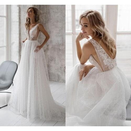 2020 A Line Backless Wedding Dresses V Neck Appliques Lace Top Tulle Floor Length Custom Made Bohemia Bridal Gowns