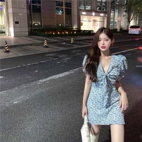 Dress French Retro Blue Floral Dress Spring and Summer Chiffon Bell Flower Hip Skirt New Fairy Skirt