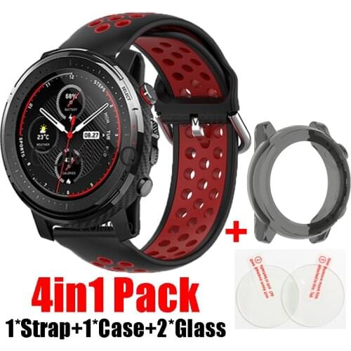 4in1 pack Silicone Strap For xiaomi amazfit stratos 3 band Watchbands Bracelet A1928 case cover bumper +glass screen protector
