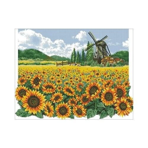 Sunflower Field Windmill Needlework,For Embroidery,DIY 14CT Unprinted Arts Cross stitch kits Set Cross-Stitching Home Decor