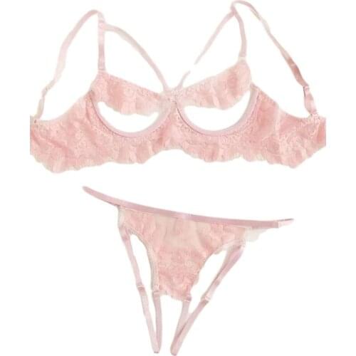 Sexy Underwear Suspender Eyelashes Flower Lace Transparent Role Play Suitable for Womens Bra and Panty 2-piece Set