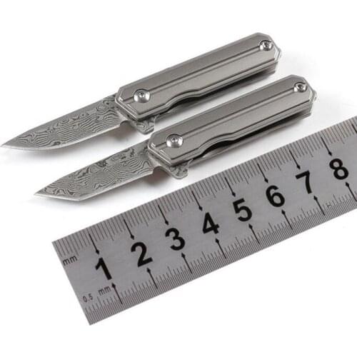 Freewolf Damascus Steel Mini Small Ball Bearing Flipper Folding Knife Drop Point Blade TC4 Titanium Alloy Handle H0116