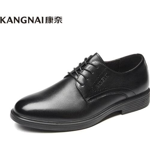 KANGNAI Men Dress Shoes Genuine Leather Round Toe Black Formal Business Shoes Flats Classic Lightweight Derby Shoes Man
