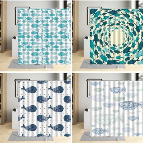 Cartoon Marine Animal Fish Shower Curtain Blue Whale Geometric Creative Floral Pattern Bathroom Curtain Set Bathtub Screen Decor