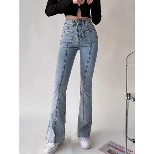 Butt Lift Jeans 2021 90s Style Fashion Pockets Light Blue Strechy Ladies Tall Jeans Aesthetic Skinny Distressed Bellbottom Pants
