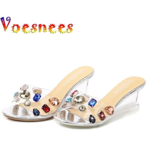 Voesnees Women Slippers 2021 Summer New Modern Shoes Outside Wedges High Heels 6/8cm Chain Crystal Sandals Sexy Girls Beach Shoe