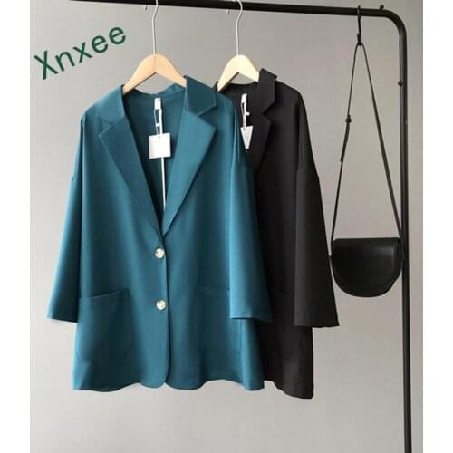Xnxee Women Blazer Long Sleeve Green Black Suit Coat Retro Classic Jackets Chic Turn-down Collar Tops OL Basic Plain Blouse