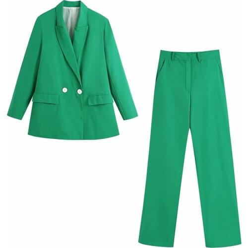 Women Solid Green Long sleeve TurnDown Collar Loose Coat Ladies High Waist Straight Pants Female Office Lady Two pieces Set