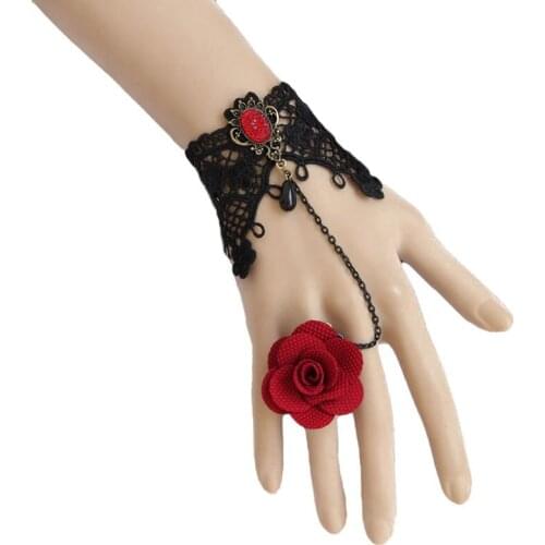 Womens Handmade Red Rose Bronze Metal Black Lace Flower Drop Adjustable Ring Bracelet Slave Set Lolita Gothic Ball Retro Bridal
