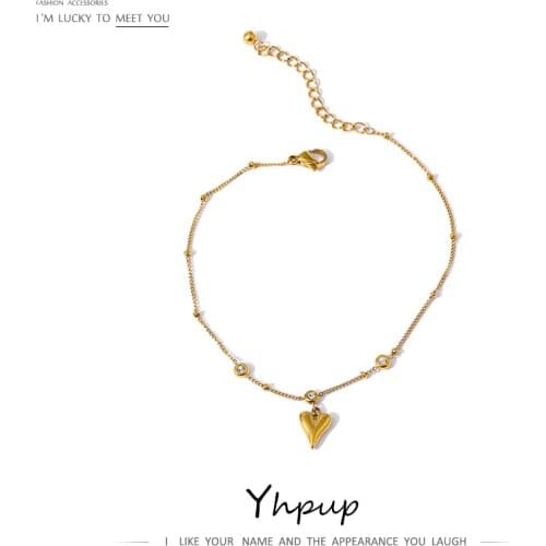 Yhpup Gold Stainless Steel Anklet Stylish Heart Pendant Cubic Zirconia Jewelry Trendy Metal Summer Chain Anklet Women Accessorie