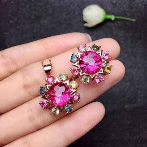 Natural pink topaz jewelry sets natural gemstone ring pendant 925 silver Elegant Round Sunflower women wedding fift fine jewelry