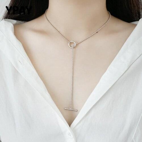 YPAY 925 Sterling Silver Circle Strip Bar Choker Necklaces for Women Long Beads Chain Necklace Unique Fine Jewelry Gift YMN008