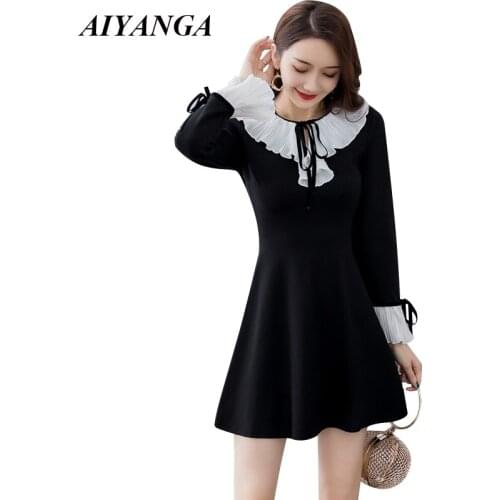 New Autumn Winter dress Women Long Sleeve Vestidos 2018 Slim Elegant A-Line Dresses Fashion Ruffles Patchwork High Waist Female