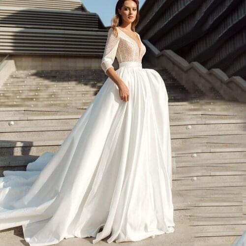 Luxurious 3/4 Sleeves Heavy Pearls Beading Wedding Dress 2021 New Backless Deep V Neck Satin Bridal Gowns vestidos de novia
