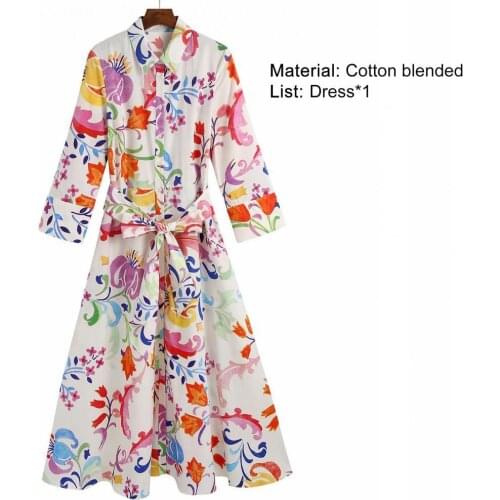 Women Vintage Totem Floral Print Bow Sashes Midi Shirt Dress Female Chic Three Quarter Sleeve Casual Slim Vestidos