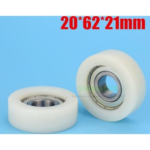 1pcs Flat wheel 20*62*21mm nylon bearing pulley, plastic coated rubber roller, 6204zz bearing, inner diameter 20mm