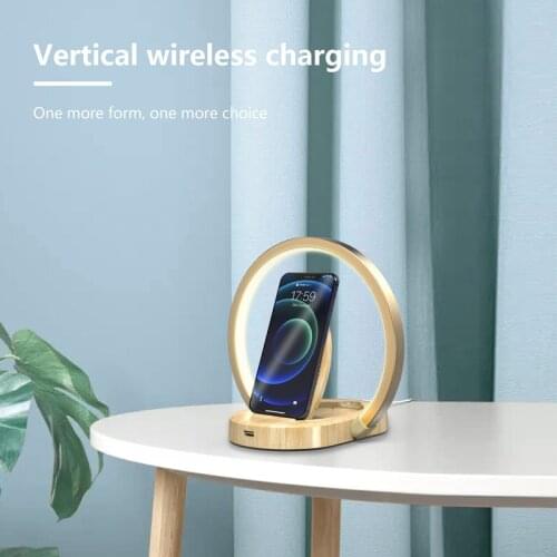 15W Wireless Charger Table Lamp For Bedside Fast Charging Warm Lighting 3 Modes Touch Switch Eye-Caring Wooden LED Night Lights