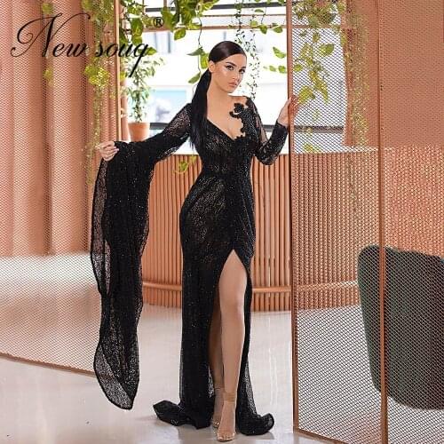 Customized Sparkly Black Evening Gown Dubai Long Sleeves Prom Dresses вечернее платье Robe Celebrity Dresses Women Party Night
